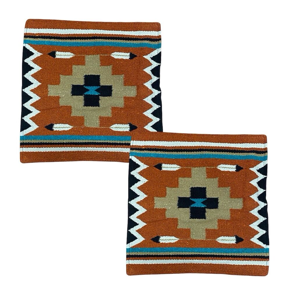 Pair of El Paso Saddle Blanket Co. 18” Wool Southwestern Aztec Pillow Covers (2)